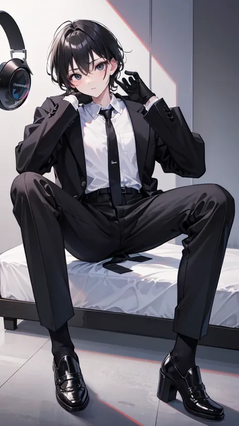 18-year-old boy，cute，Wear a white long-sleeved shirt and a black work tie，Wear black pants，Wear black booties，Wear black gloves，Black hair，Black eyes，porn pose