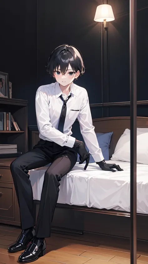 18-year-old boy，cute，Wear a white long-sleeved shirt and a black work tie，Wear black pants，Wear black booties，Wear black gloves，Black hair，Black eyes，porn pose