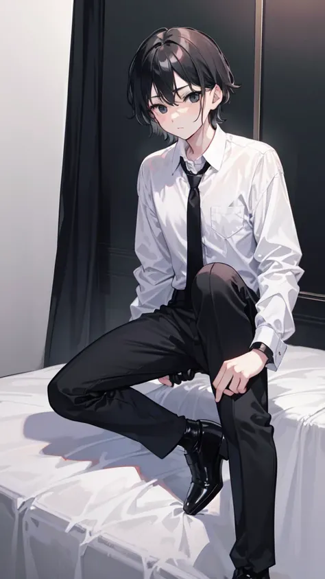 18-year-old boy，cute，Wear a white long-sleeved shirt and a black work tie，Wear black pants，Wear black booties，Wear black gloves，Black hair，Black eyes，porn pose