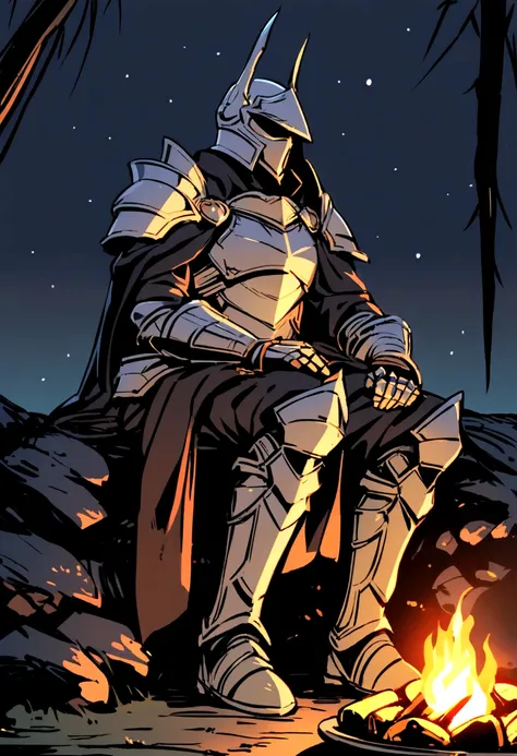 Create a helmeted armored warrior sitting by a campfire in the middle of a flat place at night.