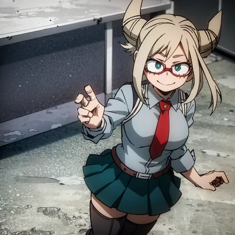 1girl, female focus, boku no hero academia, masterpiece, best quality, very aesthetic, cowboy shot, big breasts, bun hair, brown hair, green eyes, smile, silver round glasses, gray jacket, red tie, white shirt, teal skirt, gray tights, boots