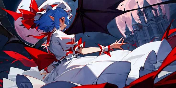 masterpiece,best quality,extremely clear,1girl,solo,remilia scarlet,red eyes,short hair,bat wings,hat,blue hair,hat ribbon,short...