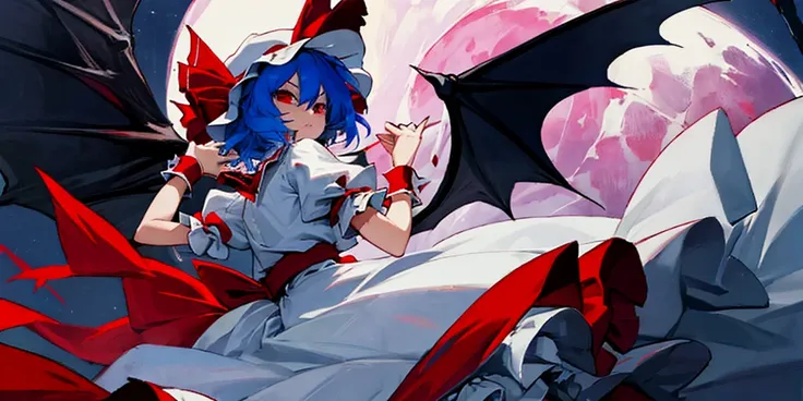 masterpiece,best quality,extremely clear,1girl,solo,remilia scarlet,red eyes,short hair,bat wings,hat,blue hair,hat ribbon,short...