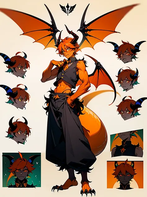 Reference sheet of a young man with orange hair, pointed furry ears, furry colorful limbs, two black horns, insectoid plates on chest and tummy, claws on hands, two dragon wings and tail in open vest and baggy pants with ornaments