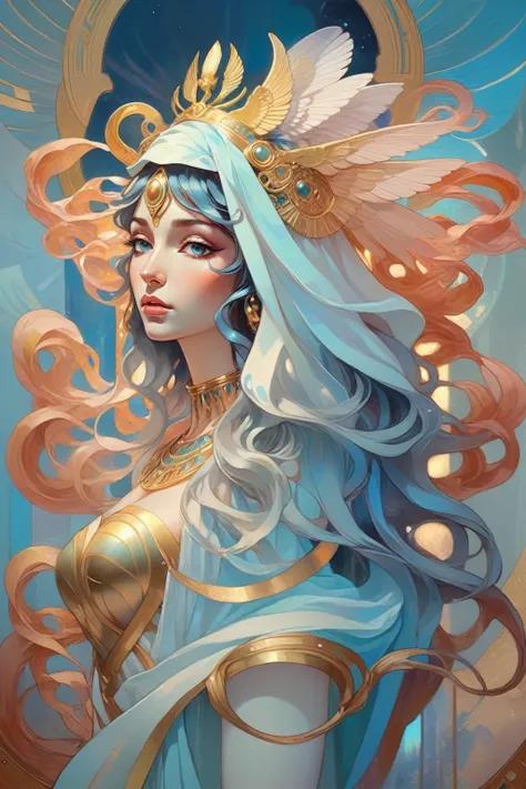 a beautiful goddess isis, egyptian goddess, alphonse mucha style, detailed crown, queenie gesture, ornate headdress, flowing robes, golden skin, piercing eyes, intricate details, ethereal lighting, dreamlike atmosphere, vibrant colors, dramatic pose, maste...