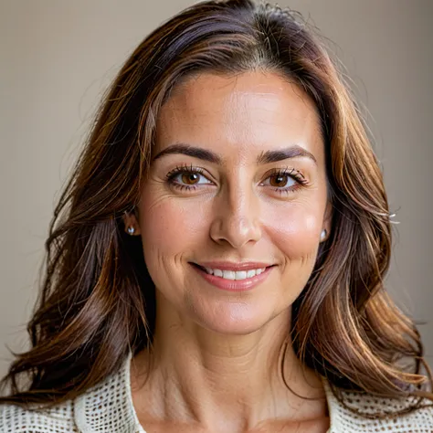 COLOR PORTRAIT OF 35 YEAR OLD WOMAN WITH LONG BROWN HAIR, BROWN EYES, LOOKING STABLY AT THE CAMERA WITH A LIGHT SMILE