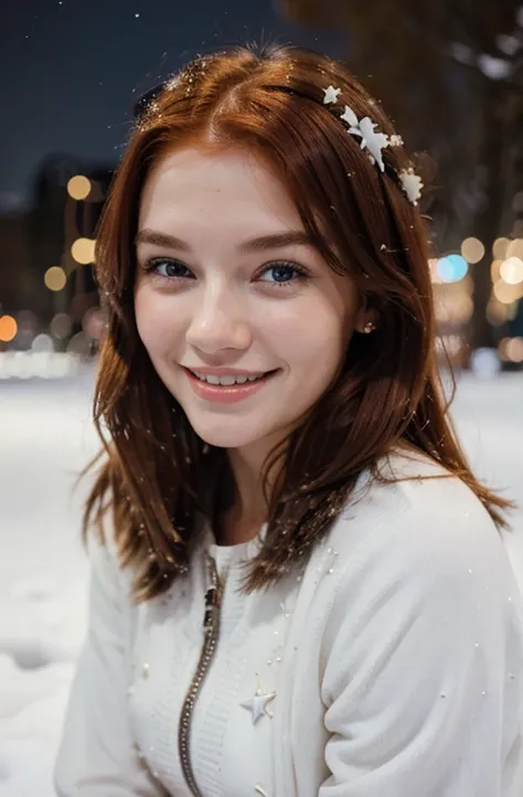 Cheerful pretty girl who smiles a lot goes on a red-haired and snow-white starry night