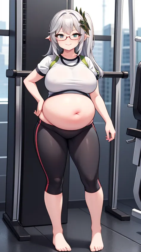 (Full body, glasses, detailed), An image of a pregnant girl wearing gym clothes with her belly on full display. She is a very voluptuous lady, she has a smug face and she is barefoot