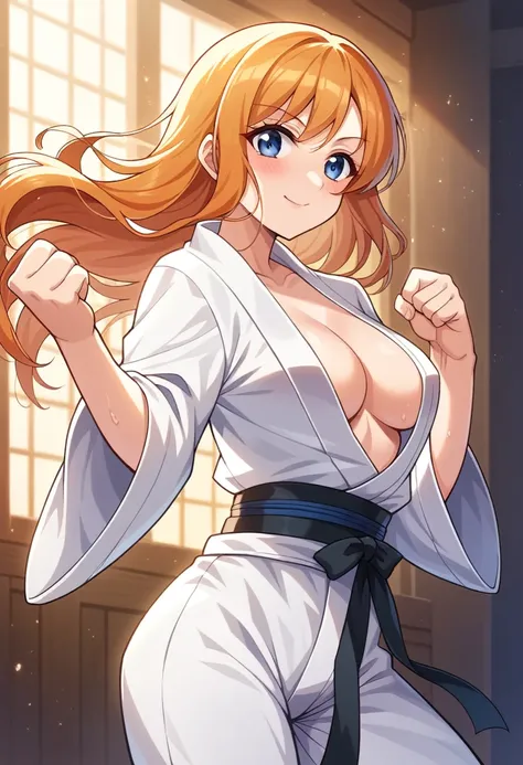 (Masterpiece, Best Quality, High Quality), from side,volumetric lighting, illustration, beautiful, perfect lighting, perfect shadows, (breathtaking scenery:1.1), blushing,  standing, honoka kousaka, blue eyes, orange hair,karate gi,white karate custom, bla...