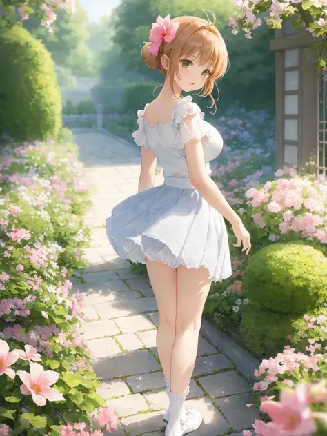 Delicate Composition, hyper detailed, best quality, blurry foreground, dynamic view, 1 girl, (seductive smile:0.6), solo, large breasts, hair in takes, beautiful detailed garden, fluttered detailed petal, grow, (white fishnets), kinomoto sakura, standing, ...