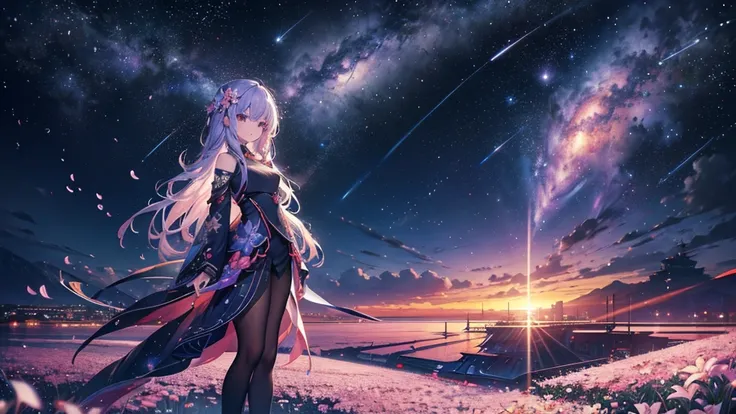 masterpiece、Concept Art、Panorama、central、figure、Wide Shot、Flower Garden、night、(meteor)、Space galaxy background、(壮大な構figure、epic proportion)、Dynamic lighting、Bright colors、cherry blossoms、One girl、