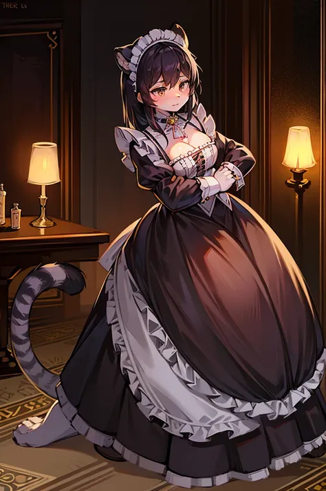 white tiger girl in french maid dress, she is a mage that uses tarot cards. She has black hair. She has black stripes on her fur. She has black tiger stripes on her body and face. She has black stripes all over her body and face. She is a Tiger Girl. 