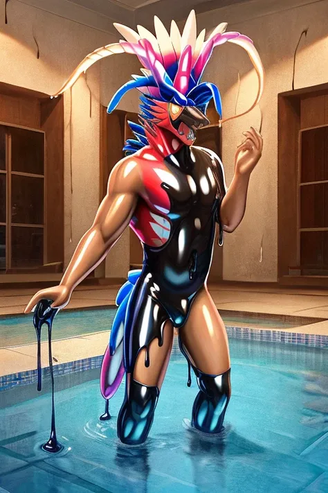 Swimming in abandoned overgrown hotel indoor pool, human latex Koraidon pooltoy hybridization metamorphosis, panicked expression, half human, latex goo coating