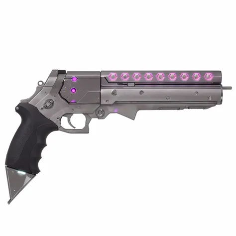 A futuristic handcannon, Revolver, handgun, gun, fun, scifi, LED lights, neon lights, chrome, silver, toxic pink, punk purple, deadly, pistol, item, weapon, highlights, etched, metal, cyberpunk