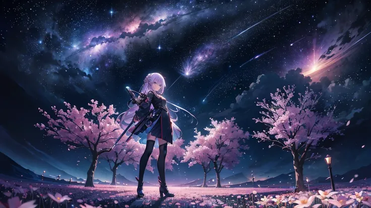 masterpiece、Concept Art、Panorama、central、figure、Wide Shot、Flower Garden、night、(meteor)、Space galaxy background、(壮大な構figure、epic proportion)、Dynamic lighting、Bright colors、cherry blossoms、One girl、