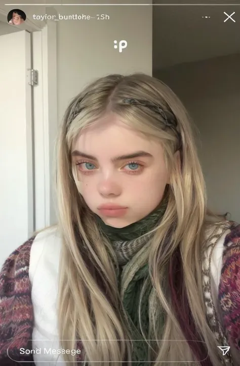 a close-up of a woman with long hair and a scarf, Billie Eilish, no-makeup, Billie eilish, 2 4 year old female model, Billie Eilish, blonde hair and large eyes, Beautiful Nordic Woman