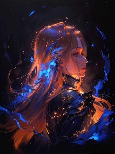 painting of a woman with long hair and a blue dress, by Jan Rustem, hair made of fire, emerging from blue fire, flowing backlit hair, glowing flowing hair, figure in the darkness, orange glowing hair, flowing glowing hair, by Anna Füssli, glowing hair, chi...