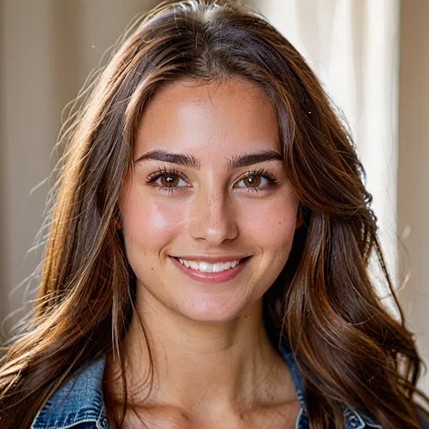 COLOR PORTRAIT OF 25 YEAR OLD WOMAN WITH LONG BROWN HAIR, BROWN EYES, LOOKING STABLY AT THE CAMERA WITH A LIGHT SMILE