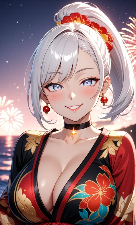 ((One personの女性)), Beautiful Face, ((smirk)), (head tilt), ((Wink:1.7)), Laugh with your mouth wide open,((Bright red cheeks:1.4)),Shiny red lips,night,coastal,You can see the ocean, firework,Laughing with your mouth open,Glossy pink lips,Facial lighting,(...