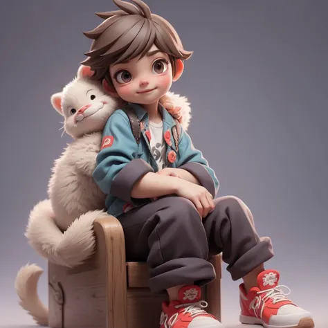 Stylized 3D anime boy single, detailed hair, bright clothes, relaxed sitting posture, clutching toy animal, youthful and cheerful, rendered in high detail