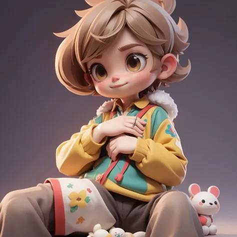 Stylized 3D anime boy single, detailed hair, bright clothes, relaxed sitting posture, clutching toy animal, youthful and cheerful, rendered in high detail