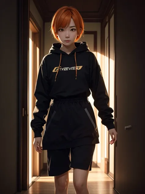 yuusaki_riko, (hyper extreme detailed), (masterpiece), (hyper extreme), (photorealistic), CG, (colour:1.1), beautiful lighting, light from the front, solo, 1girl, full body, orange hair, short hair, yellow eyes