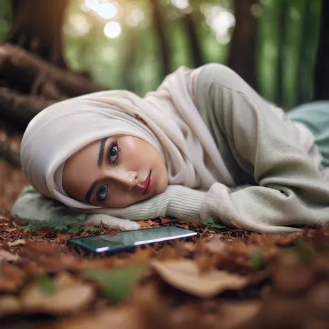 there is a woman lying on the ground with a cell phone, lying on the ground in a forest, hijab, realistic picture, close up portrait photo, photo of a woman, artistic photography, fallen leaves effect, beautiful woman, attractive girl, muslim, hijab white,...