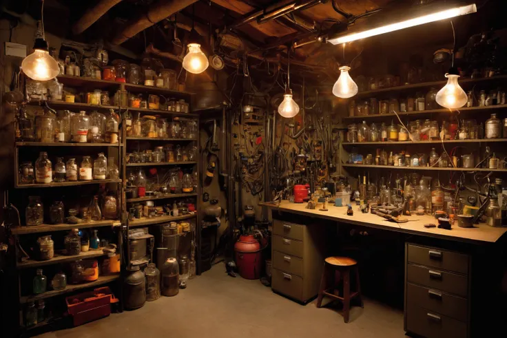 "A small hanging light bulb illuminates" the garages low space, similar to the laboratory of a mad and messy genius. The space is disordered and chaotic, tools, jars, various objects. At the rear you can see the tanks marked with numbers, including the lar...