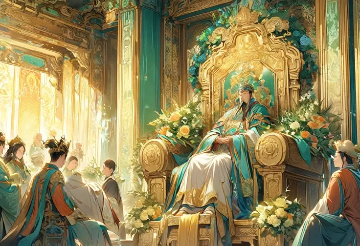 show 2 people, a jade Emperor seated on a magnificent golden throne in the heavenly realm looks down to a young farmer who is in simple clothing stands respectfully before him . Surround them with  vibrant celestial flora under a soft, golden light, symbol...