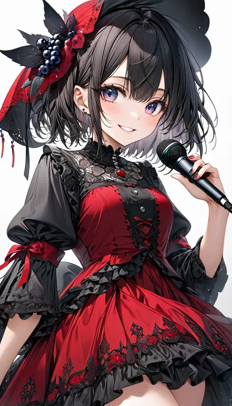 (((White background:1.2)))、(masterpiece、Ultra HD、Masterpiece、４K)、Perfect Style、Scandinavian Gothic Metal Girl, Intricate details, Highly detailed eyes, Gazing into the distance、Black berry shorthair、Red Gothic Dress, Intricate details、smile、Wear long black...