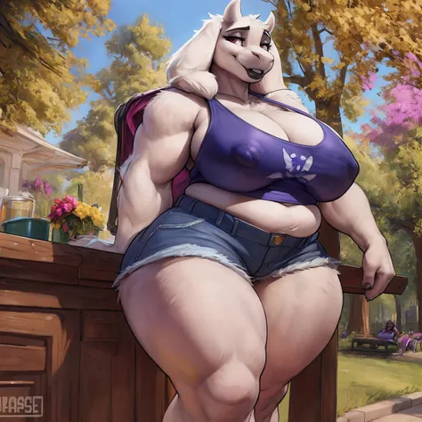 by darkgem, by duase, by bng, solo, 1girl, toriel, maroon eyes, female, older woman, furry body, chubby, heavyset, broad shoulders, wide body, wide hips, thick thighs, big arms, heavy breasts, nipple outline, highly detailed eye, (black pupil:1.3), milf, t...