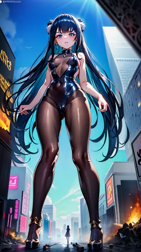 A colossal giantess succubus walks into a tiny city, breaking the floor and everything with her heels, she looks down and mocks you as you see him from below her tiny tits, full bodysuit  and long legs covered all in transparent pantyhose, look down, evil,...