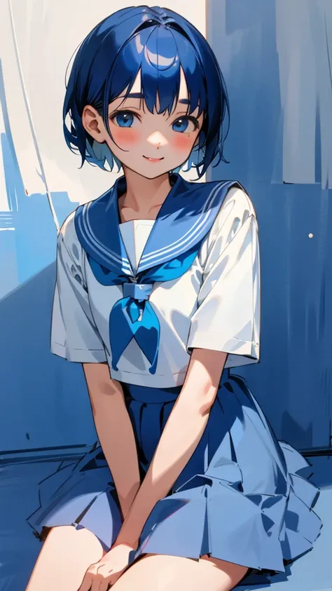 1 Girl、Boyish and short hair、Sailor suit 、Sit down、Cowboy Shot、smile、smile、Blue Skirt、in house、(Highest quality、masterpiece、Hyperrealism)、Beautiful and delicate portrait of a 女の子と a soft and peaceful expression、Dark blue hair、White hair band