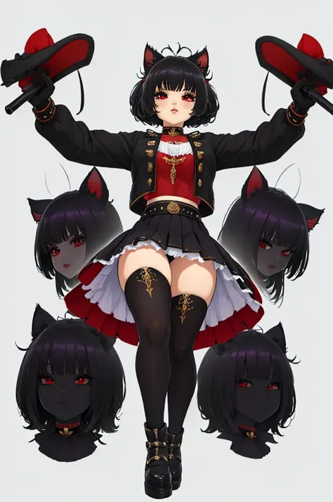 (Excellent quality, good detail, well detailed eyes, HD quality, 4k,) 1chica junkotvv, black hair with cat ears and red eyes with comfortable clothes, simple background , White background