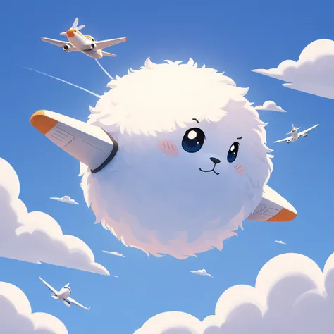 fluffy cute ball of airplane with a serious expression as it flies through the sky in a ball of fluff