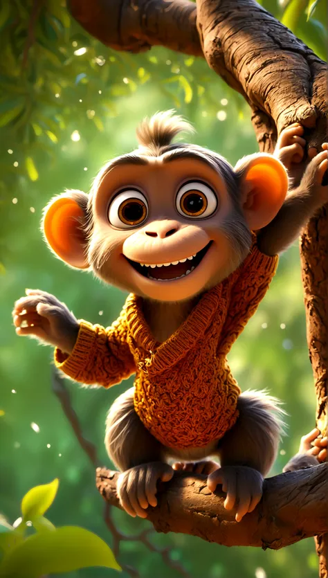 cute monkey, over a tree, cartoon, arms, sweater, cute eyes, looking at viewer, hands up, effects background, florest, particles