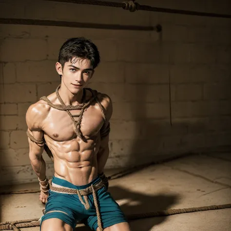  (((18 year old shirtless, very skinny twink))), fair hair, handsome face, smile (((wearing gym shorts))) biceps flexed, kneeling, ((((Trussed up completely with rope)))), ((((very tight rope crossed over chest)))),(((body in tight shibari ropes))) sweatin...