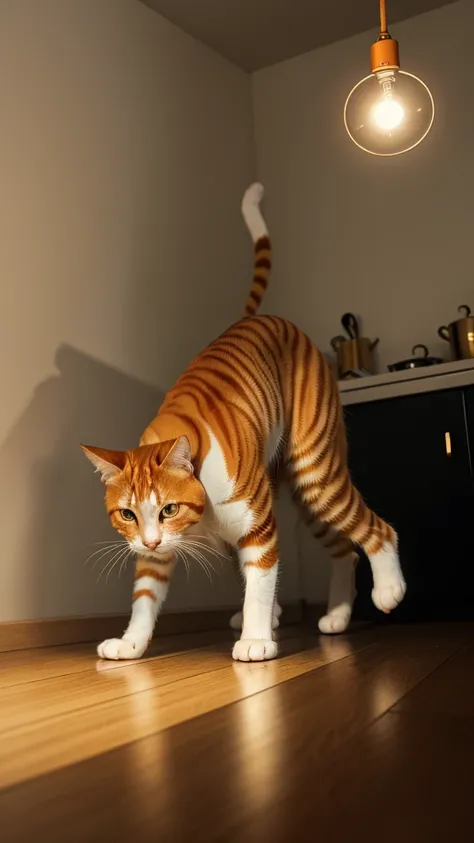 8 k realstic image, iphone, realstic minimal wallpapers, gold and white or orange and white cat realstic girl cat image. Its all dark. It has a light bulb hanging on a rope. A cocroaches scared of a girl cat and around that kitchen. Beneath it, a cat runs ...