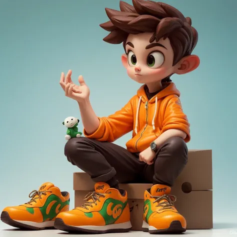 Cartoon character single boy sculpture style figure, with brown hair, large eyes, orange and green outfit, neon sneakers, sitting on a box, playful expression, modern design