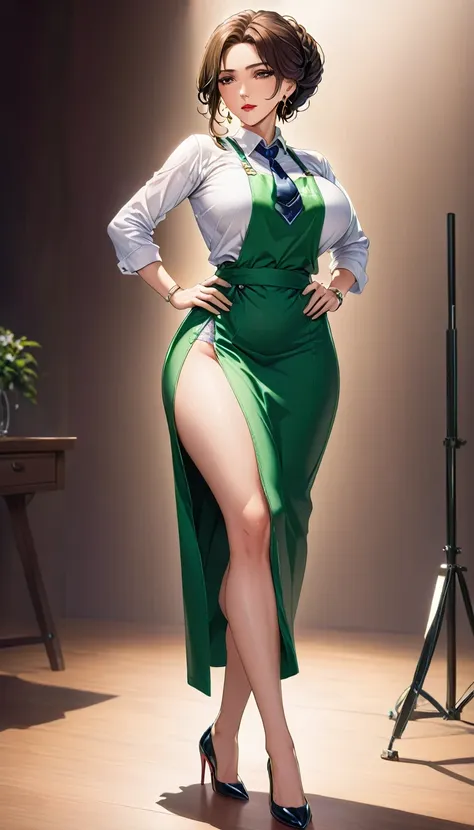 masterpiece, Highest quality, 8K, Official Art, Cinematic Light, Ultra-high resolution, Full body photo、One Mature Woman, 45 talents、Long skirt、Round face、Sexy mother, Earrings, Tie your hair back tightly、 View your audience, hoop Earrings, Brown Hair, Bro...