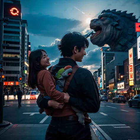 a godzilla holding a beautiful ultraman woman with a beautiful face, from behind while laugh in front of the city, bright and colorful light