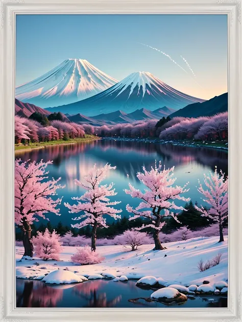 The scene is a picturesque view of Mount Fuji, framed by blooming cherry blossoms. The mountain, covered with snow, stands majestically against a gradient sky that transitions from a warm, golden hue near the horizon to a deep blue at the top. The cherry b...