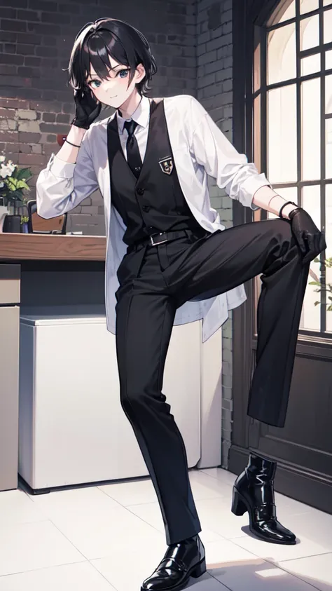 18-year-old boy，cute，Wear a white long-sleeved shirt and a black work tie，Wear black pants，Wear black booties，Wear black gloves，Black hair，Black eyes，porn pose