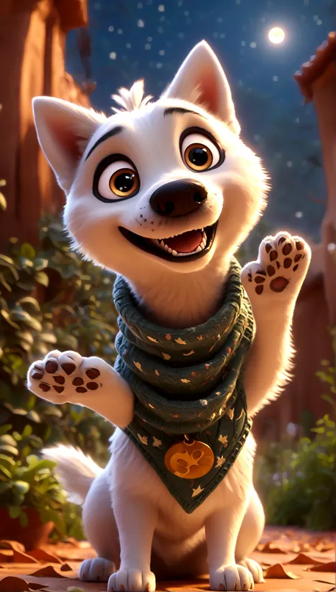 cute white dog, husky ears, cartoon, arms, sweater, cute eyes, looking at viewer, hands up, effects background, florest, particles, over a moon, meteors