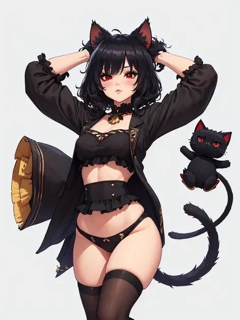 (Excellent quality, good detail, well detailed eyes, HD quality, 4k,) 1chica junkotvv, black hair with cat ears and red eyes with comfortable clothes, simple background , White background