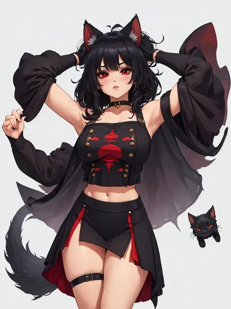 (Excellent quality, good detail, well detailed eyes, HD quality, 4k,) 1chica junkotvv, black hair with cat ears and red eyes with comfortable clothes, simple background , White background