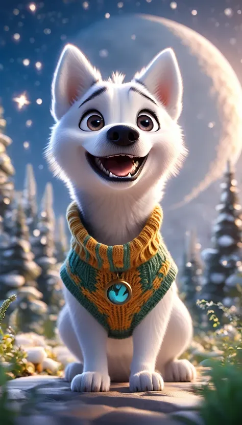 cute white dog, husky ears, cartoon, arms, sweater, cute eyes, looking at viewer, hands up, effects background, florest, particl...