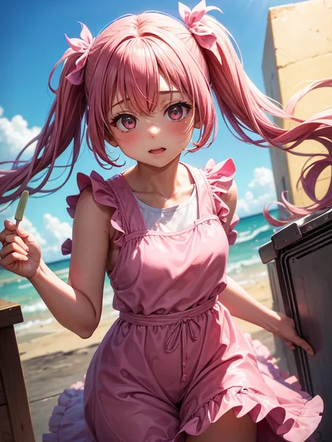 1 girl, two pigtails falling over her shoulders with pink rubber bands, wearing a pink jumpsuit dress, cooling off with a chocolate popsicle 