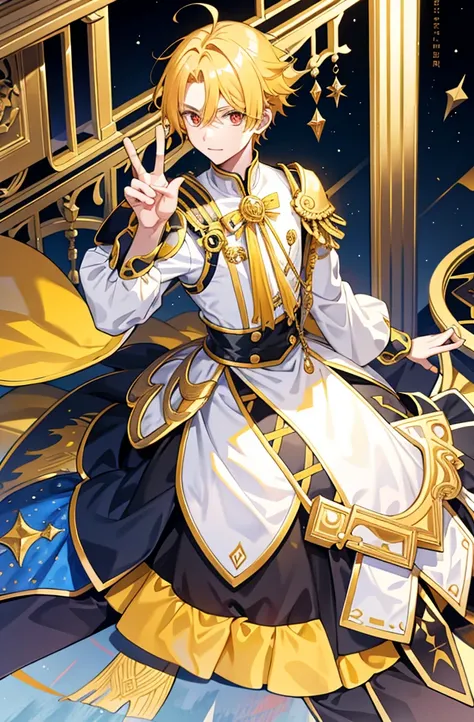 1   boy，cool guy，Yellow-haired，comma hair，Forehead comma hair，fantasy clothes style，Shiny，red eyes，looking at viewert，full body，MagazineCover,upper body,dinamic angle,