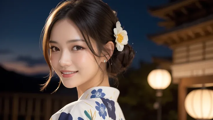 (1women), Updo hairstyle, (round eyes:1.2), (highly detailed face), (extremely detailed beautiful face), (smile happily), (floral pattern yukata), (Best Quality:1.4), (Ultra-detailed), extremely detailed CG unified 8k wallpaper, Realistic portrait, Beautif...